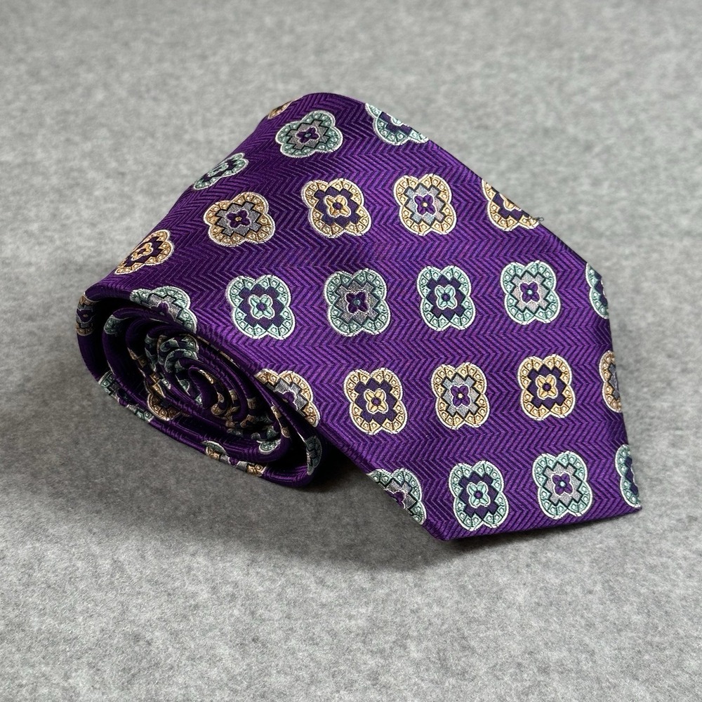 Paul Fredrick Silk Tie Purple Blue Gold Geometric Medallion Classic Mens 59x3.6"